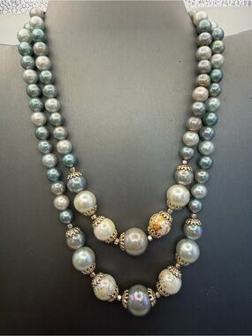 Vintage Japan Blue Gray Glass Faux Pearl Double Strand Necklace Confetti Beads